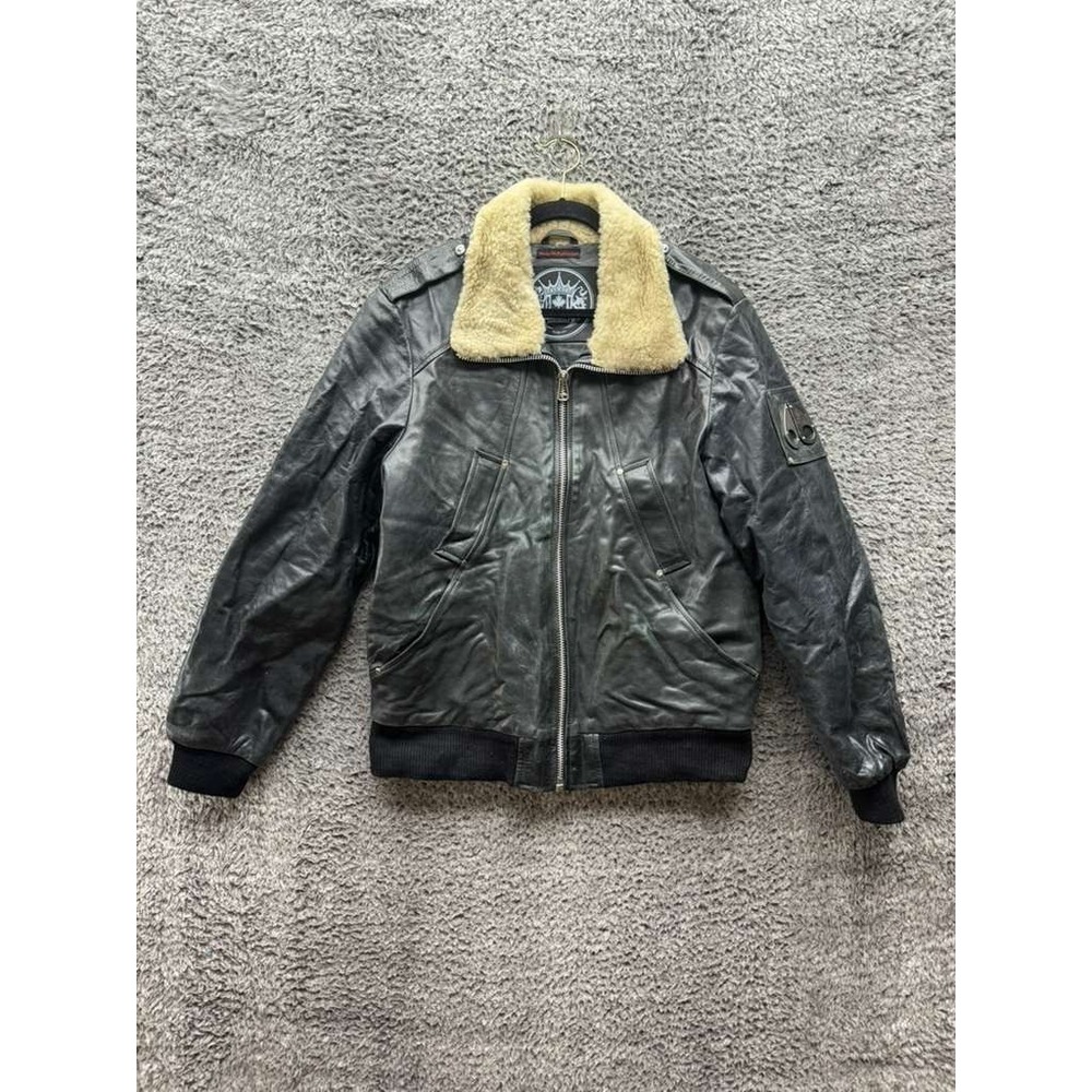 Moose Knuckles Toba Leather Shearling Collar Bomber Jacket Black Mens Size XL